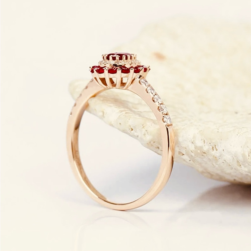 Genuine Pigeon Blood Ruby and Diamond Halo Engagement Ring 10K Solid Rose Gold - Picture 4 of 8